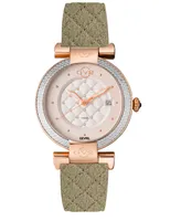 GV2 by Gevril Women's Berletta Swiss Quartz Diamond Accents Olive Green Apple Peel Italian Faux Leather Strap Watch 37mm