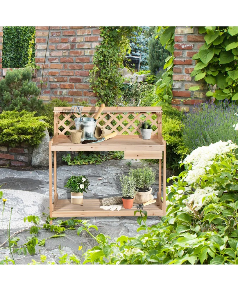 Garden Potting Bench Workstation w/ Drawer, Storage Shelf and Lattice