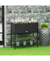 Pe Rattan Outdoor Raised Flower Garden Planter Bed w/ Shelf