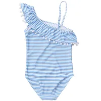 Toddler, Child Girls Powder Blue Sustainable Stripe Bow Swimsuit