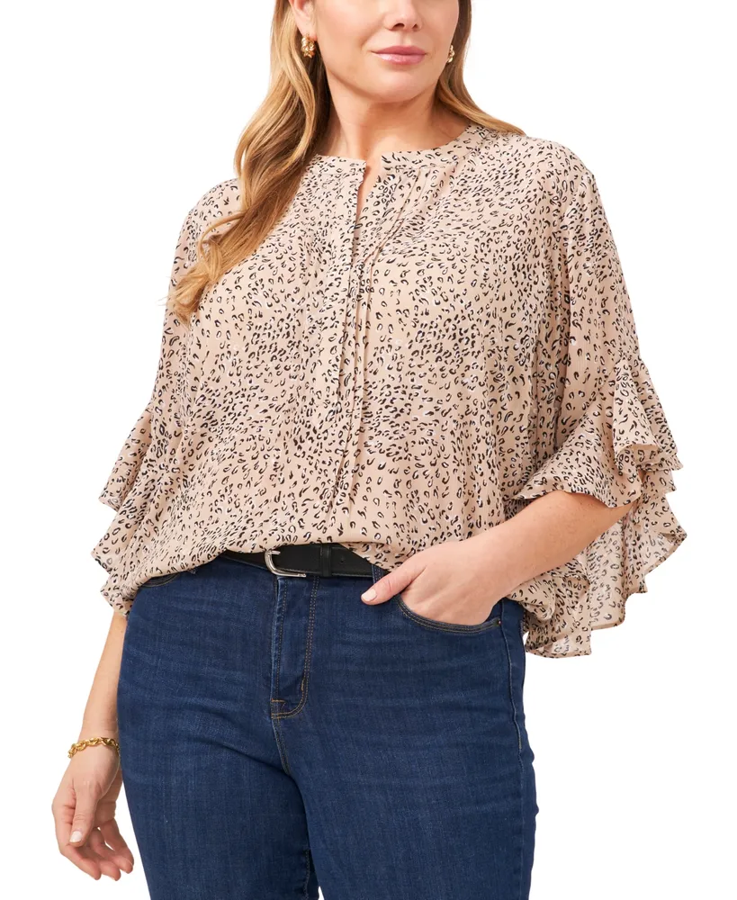 Vince Camuto Plus Cheetah Print Flutter-Sleeve Pintucked Henley Blouse