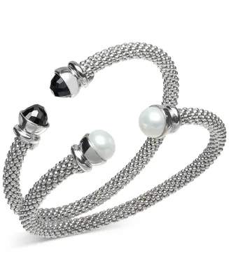 2-Pc. Set Cultured Freshwater Pearl (8 1/4 - 8 1/2mm) & Onyx Popcorn Cuff Bangle Bracelets in Sterling Silver