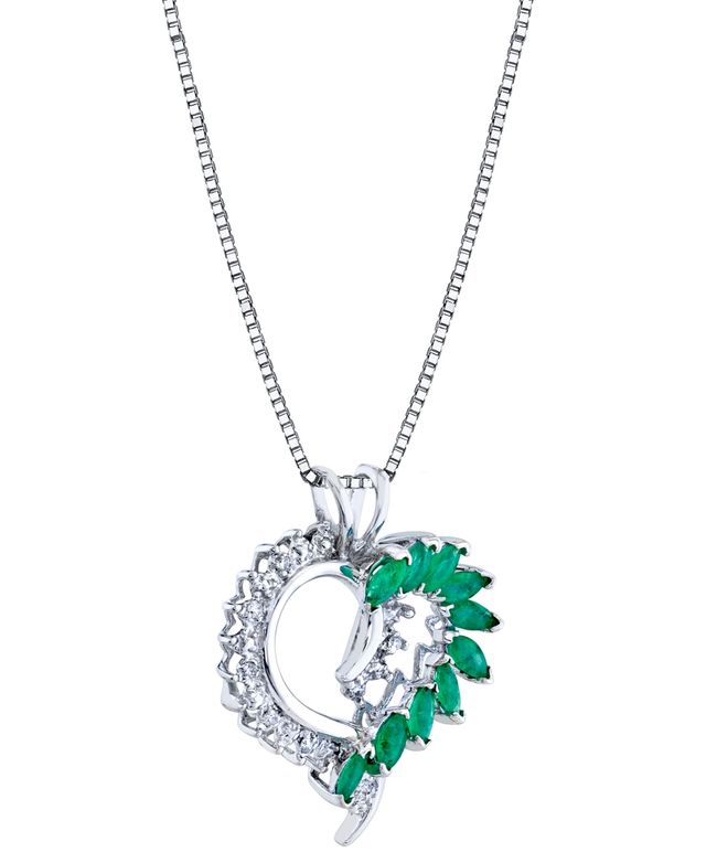 Emerald (1 ct. t.w.) & Diamond (1/20 ct. t.w.) Open Heart 18" Pendant Necklace in Sterling Silver
