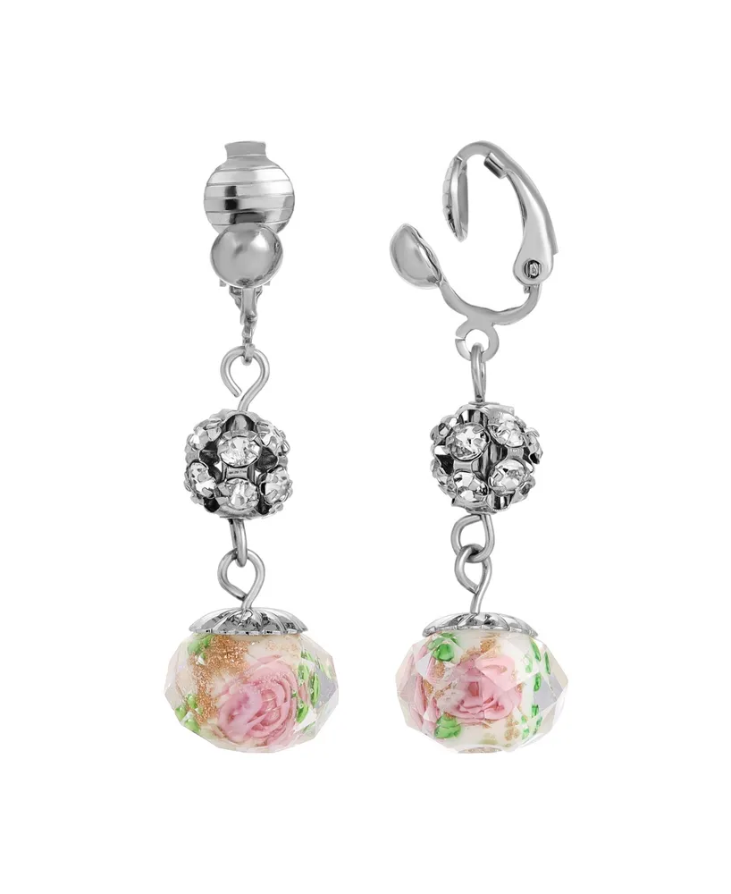 2028 Crystal Pink Flower Beaded Clip Earrings