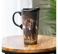 Evergreen Ceramic Travel Cup, 17 Oz. ,w/box, Running Horses