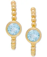 Small Blue Topaz (1-1/8 ct. t.w.) Bezel Granulated Open Hoop Earrings in 14k Gold-Plated Sterling Silver, 0.77"