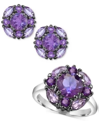 Amethyst Pink Amethyst Cluster Stud Earrings Ring Collection In Sterling Silver
