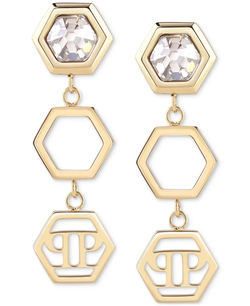 Philipp Plein Gold-Tone Ip Stainless Steel Crystal Hexagon Logo Triple Drop Earrings