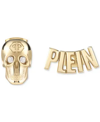 Philipp Plein Gold-Tone Ip Stainless Steel Pave 3D $kull & Plein Lettering Mismatch Stud Earrings