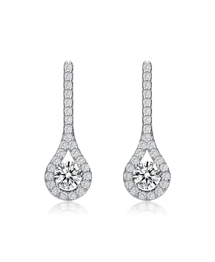 Genevive Sterling Silver with Rhodium Plated Clear Round Cubic Zirconia Solitaire with Accent Teardrop Earrings