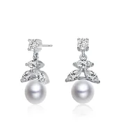 Sterling Silver with Rhodium Plated White Round Freshwater Pearl with Marquise and Round Cubic Zirconia Earrings