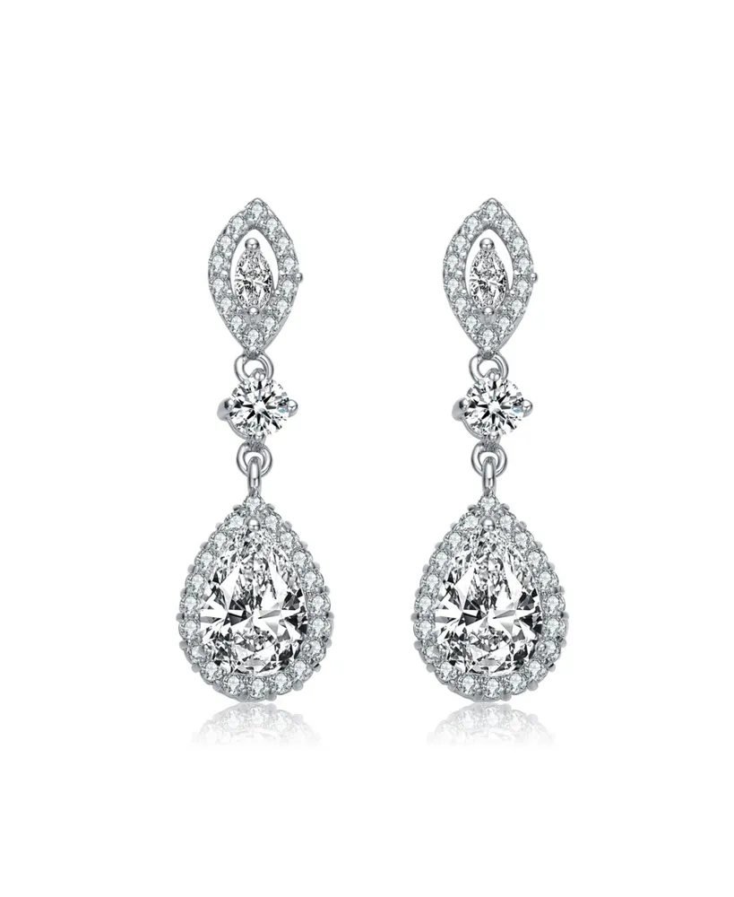 Genevive Sterling Silver with Rhodium Plated Clear Pear with Round and Marquise Cubic Zirconia Accent Dangle Earrings