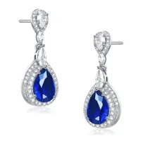 Rachel Glauber Dazzling Rhodium-Plated Double Halo Dangle Earrings with Clear Pear, Marquise, and Round Cubic Zirconia