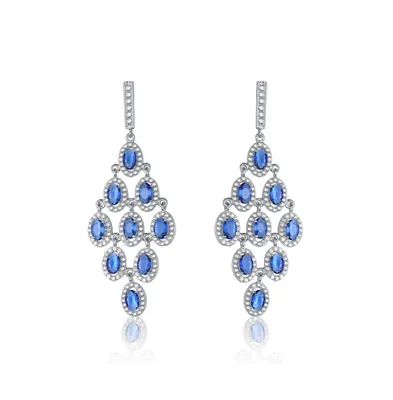 Genevive Elegant Chandelier Earrings in Sterling Silver with Rhodium Plating, Featuring Emerald Round Cubic Zirconia