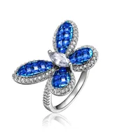 Genevive Sterling Silver with Rhodium Plated and Sapphire Cubic Zirconia Butterfly Ring