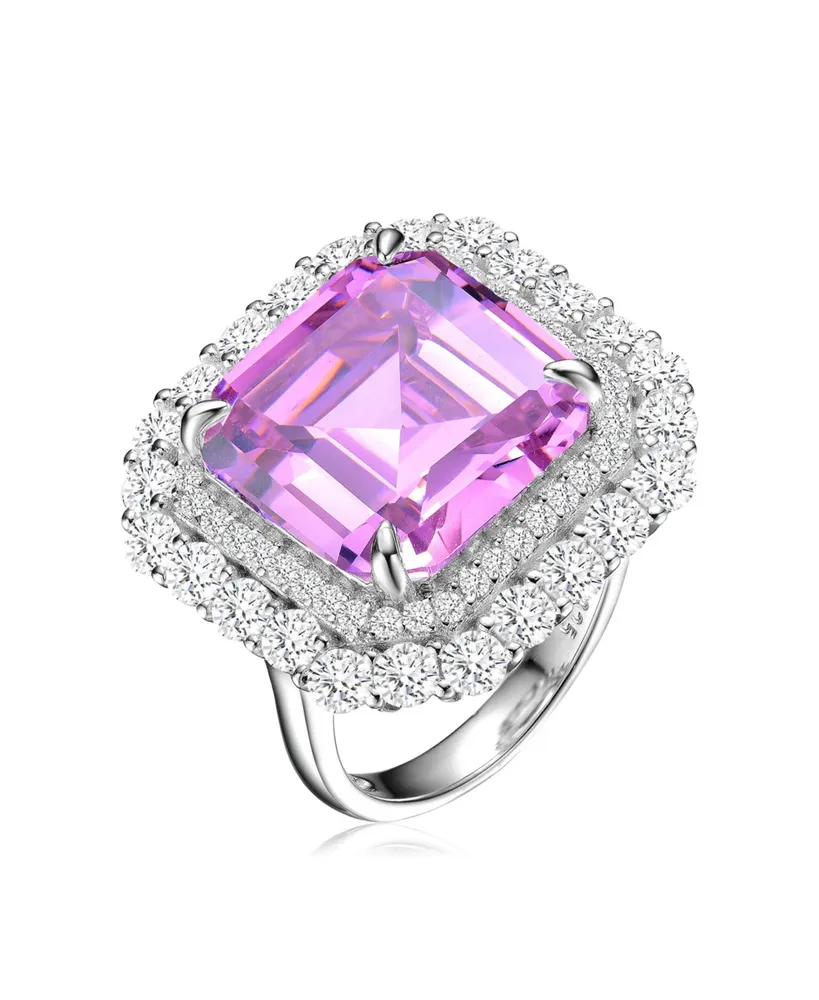 Genevive Sterling Silver White Gold Plated Pink Ascher Cubic Zirconia with Clear Round Zirconia's Double Halo Cocktail Ring