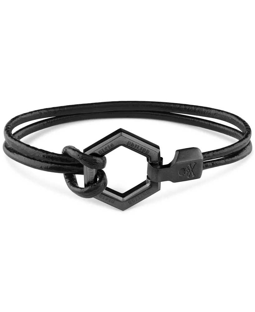 Philipp Plein Black-Tone Stainless Steel Hexagon Leather Flex Bracelet