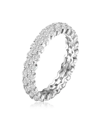 Genevive Sterling Silver with Rhodium Plated Clear Round Cubic Zirconia Curved Eternity Ring