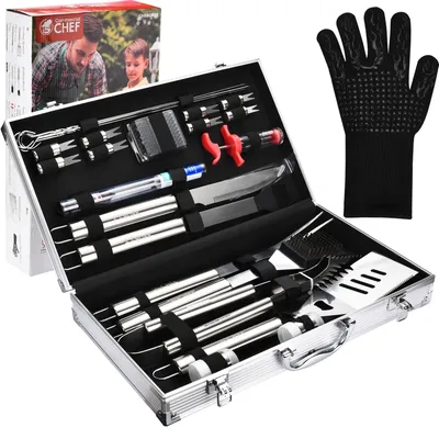 Commercial Chef Premium 25 Piece Stainless Steel Barbeque Grill Tool Set with Aluminum Hard Case