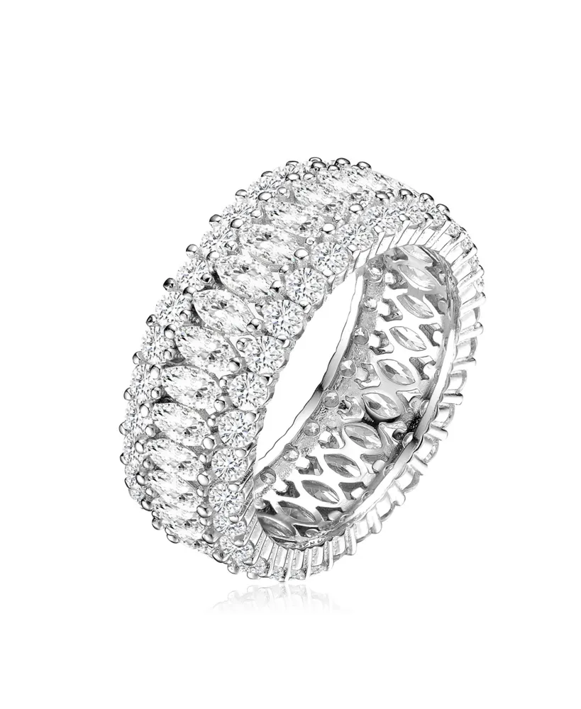 Genevive Sterling Silver White Gold Plated Clear Round and Marquise Cubic Zirconia Eternity Ring