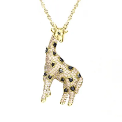 14K Gold Plated with Champagne and Black Cubic Zirconia Iced Out Giraffe Pendant in Sterling Silver