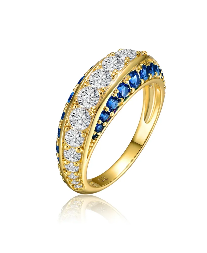 Genevive Sterling Silver 14K Gold Plated and Blue Cubic Zirconia Coctail Ring