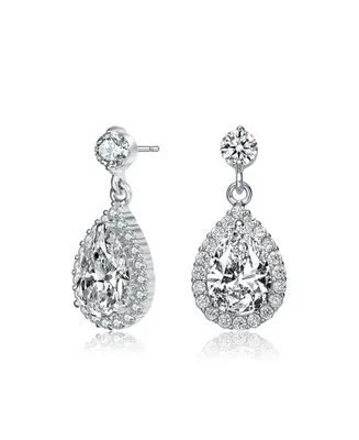 Genevive Sterling Silver with Rhodium Plated Clear Pear and Round Cubic Zirconia Halo Teardrop Earrings