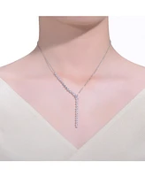 Rhodium-Plated with Cubic ZIrconia Asymmetrical Waterfall Y-Necklace Sterling Silver