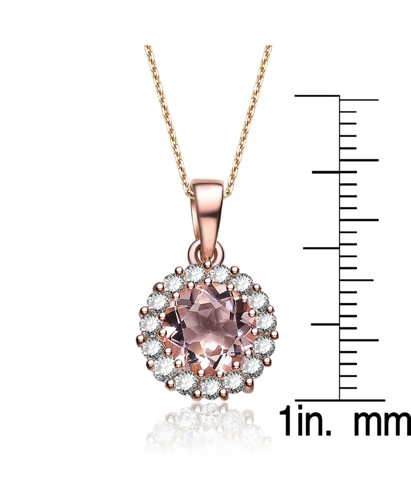 Genevive Sterling Silver with Rose Gold Plated Morganite Pink Round Cubic Zirconia with Small Clear Round Cubic Zirconias Halo Necklace