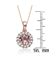 Genevive Sterling Silver with Rose Gold Plated Morganite Pink Round Cubic Zirconia with Small Clear Round Cubic Zirconias Halo Necklace