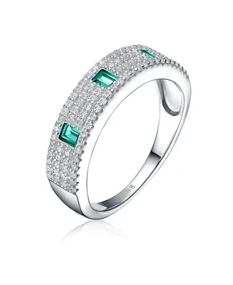Genevive Sterling Silver Rhodium Plated Emerald Cubic Zirconia Band Ring