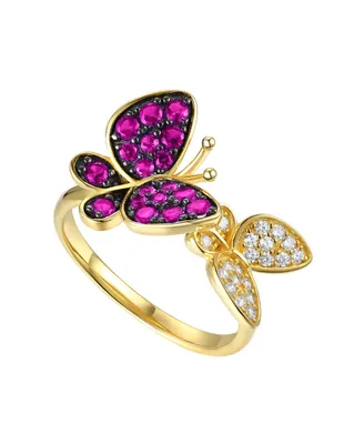 Genevive 14k Gold Plated Sterling Silver with Ruby & Cubic Zirconia Double Butterfly Stacking Ring