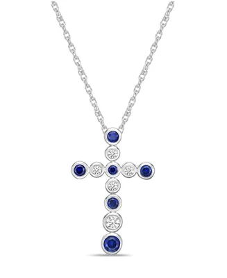 Lab Grown Blue and Lab Grown White Sapphire (7/8 ct. t. w.) Bezel Set Cross Pendant Necklace Set in Sterling Silver