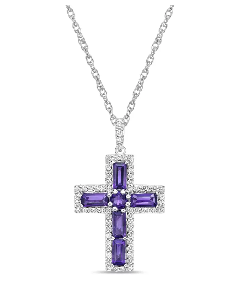 Sterling Silver Halo Birthstone Style Genuine Amethyst and White Topaz Fancy Cut Cross Pendant Necklace