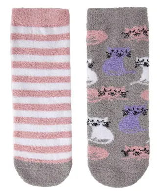 2 Pairs Girl's Girl's Kitty Cats Fuzzy Mid-Cut Socks