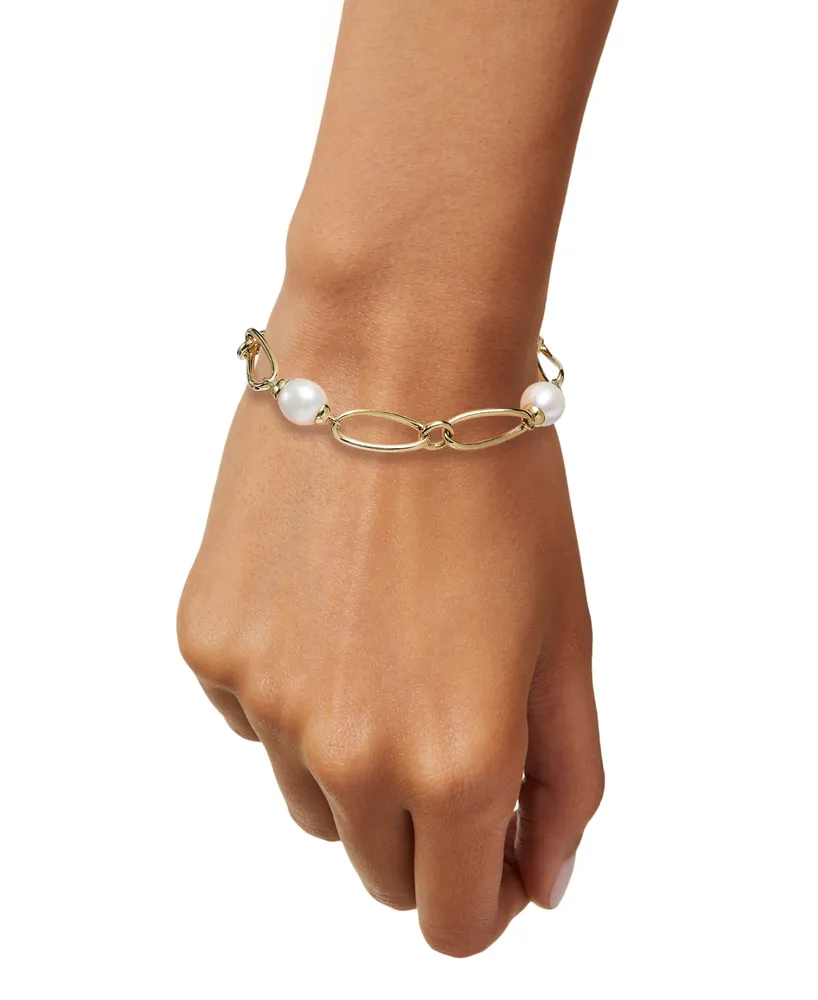 Cultured Freshwater Pearl (9-3/4 x 10-3/4mm) Oval Link Bracelet in 14k Gold-Plated Sterling Silver