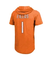 Men's Fanatics Justin Fields Orange Chicago Bears Player Name and Number Tri-Blend Short Sleeve Hoodie T-shirt