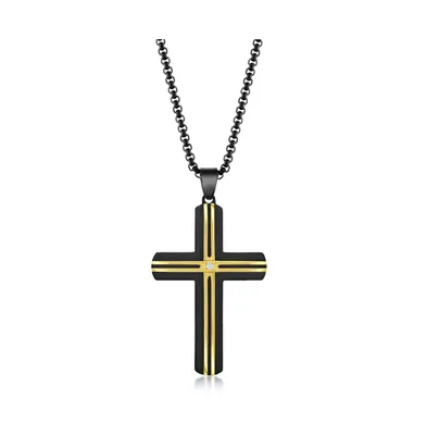 Mens Stainless Steel Black & Gold Lined Single Cz Cross Necklace