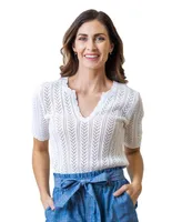 Hope & Henry Women's Organic Cotton Short Sleeve V-Neck Pointelle Sweater Top