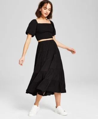 Now This Womens Puff Sleeve Cropped Top Tiered Pull On Skirt
