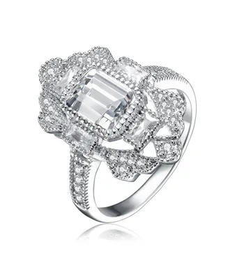 Genevive Exquisite Sterling Silver Rhodium-Plated Cubic Zirconia Cocktail Ring