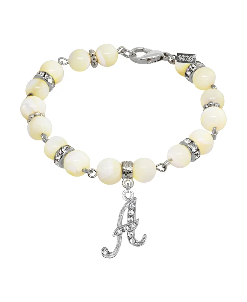 2028 Silver Tone Cultured Mother of Pearl Crystal Initial Clasp Bracelet