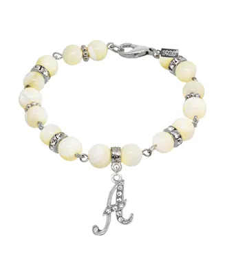 2028 Silver Tone Cultured Mother of Pearl Crystal Initial Clasp Bracelet - White