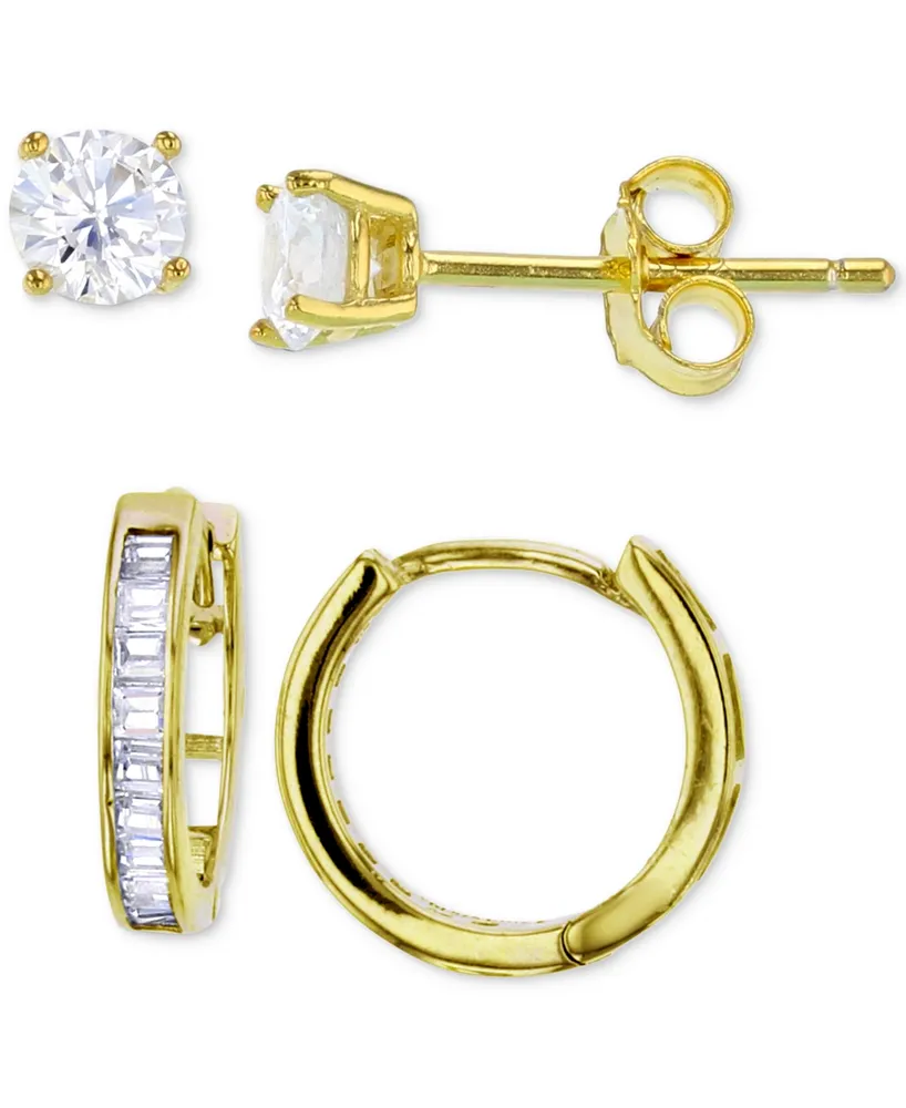 2-Pc. Set Cubic Zirconia Stud & Baguette Huggie Hoop Earrings in 14k Gold-Plated Sterling Silver