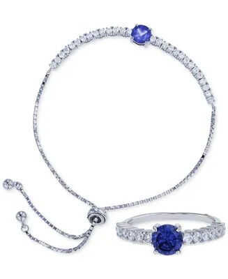 2-Pc. Set Blue & White Cubic Zirconia Ring Bolo Bracelet Sterling Silver