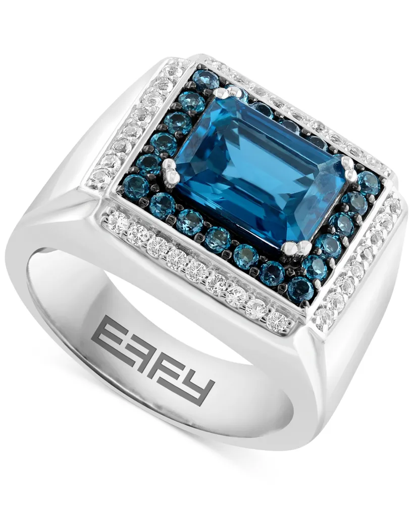 Effy Men's London Blue Topaz (4-1/2 ct. t.w.) & White Topaz (1/3 ct. t.w.) Rectangular Halo Ring in Sterling Silver