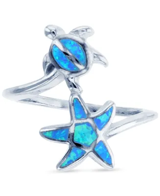 Lab-Grown Opal Inlay Star & Turtle Bypass Ring Sterling Silver