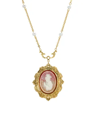 2028 14K Gold Plated Cameo Imitation Pearl Necklace