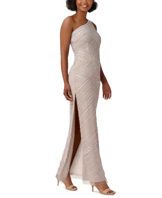 Adrianna Papell Petite Beaded One-Shoulder Gown