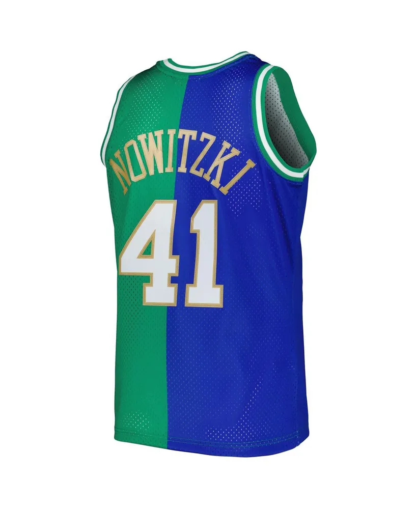 Men's Mitchell & Ness Dirk Nowitzki Blue, Green Dallas Mavericks Hardwood Classics 1998-2019 Split Swingman Jersey